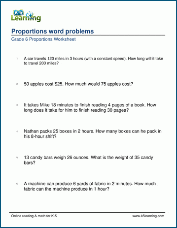 grade 6 math worksheet: proportions word problems | K5 ...