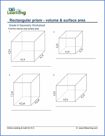Grade 6 Geometry Worksheet rectangular prism - volume and surface area (with fractions)