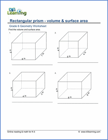Grade 6 Geometry Worksheet rectangular prism - volume and surface area