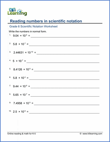 Grade 6 math worksheet - Scientific notation: reading numbers in