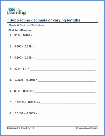 Grade 6 Decimals Worksheet subtracting decimals of varying lengths