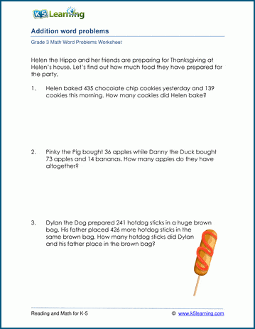 Column form addition word problems worksheet