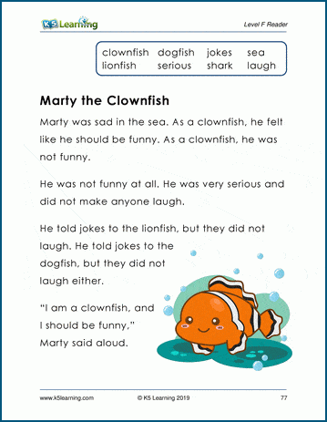 Level F Children's Story & Worksheet - Marty the Clownfish