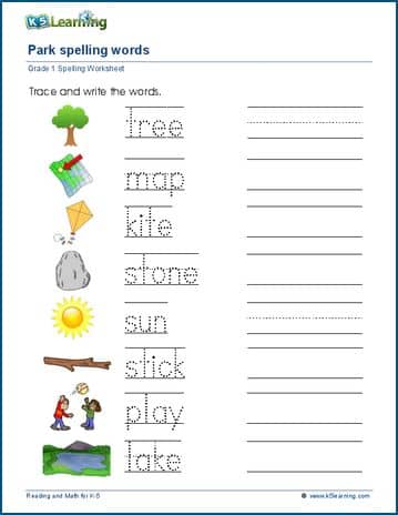 Grade 1 spelling worksheet trace and write the words
