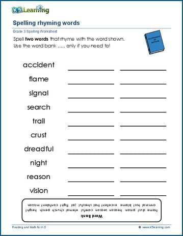 Grade 3 spelling worksheet rhyming words