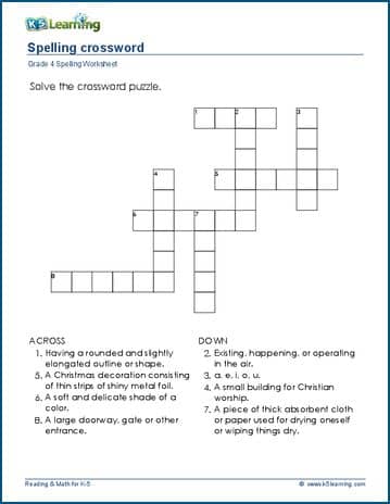 Grade 4 spelling worksheet crossword