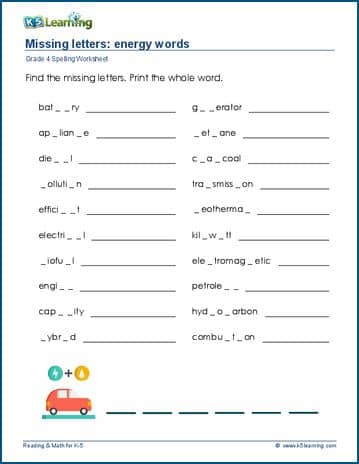 Grade 4 spelling worksheet missing letters