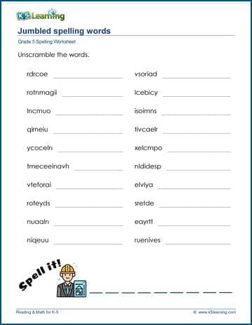 Grade 5 spelling worksheet jumbled words