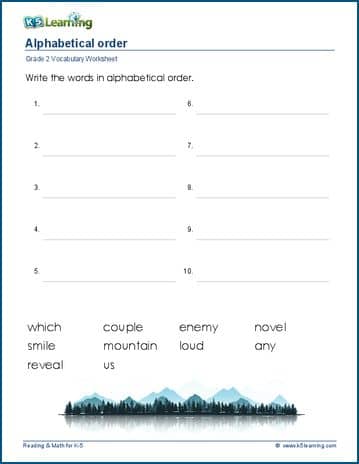 Grade 2 vocabulary worksheet words in alphabetical order