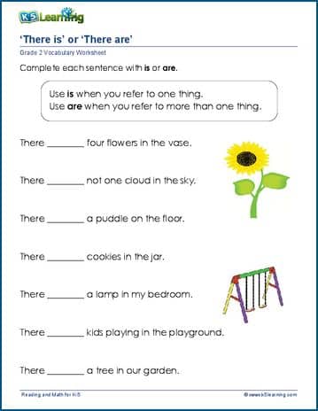 Grade 2 vocabulary worksheet there is or there are in sentences