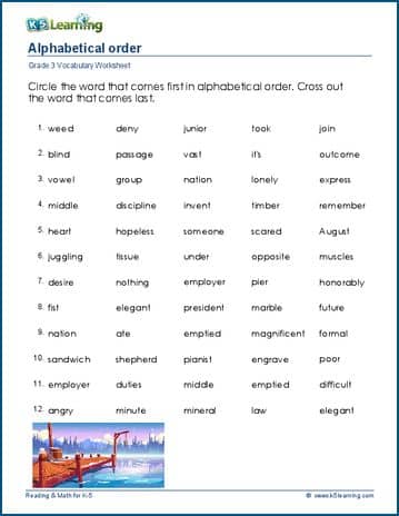 Grade 3 Vocabulary Worksheet alphabetical order