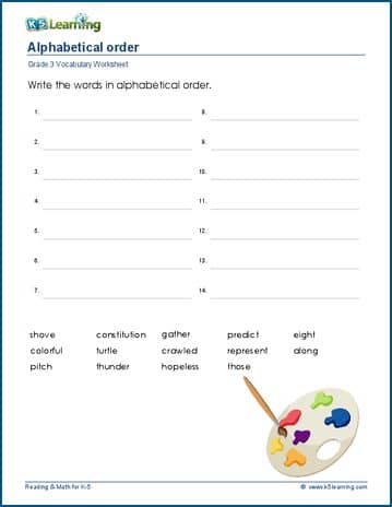 Grade 3 Vocabulary Worksheet list words in alphabetical order