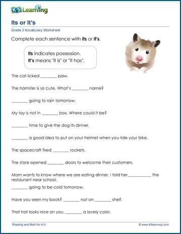 Grade 3 Vocabulary Worksheet on using its or it is in sentences