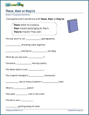 Grade 3 Vocabulary Worksheet on using there, they're or their in sentences