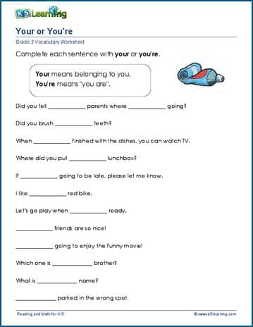 Grade 3 Vocabulary Worksheet on using your or you're in sentences