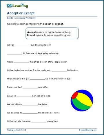 Grade 4 Vocabulary Worksheet on using accept or except in sentences