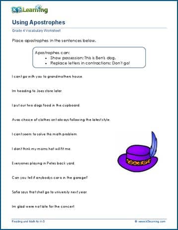 Grade 4 Vocabulary Worksheet on using apostrophe or no apostrophe in sentences