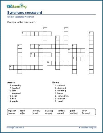 Grade 4 Vocabulary Worksheet synonyms crossword