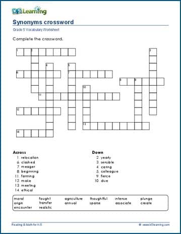 Grade 5 Vocabulary Worksheet synonyms crossword