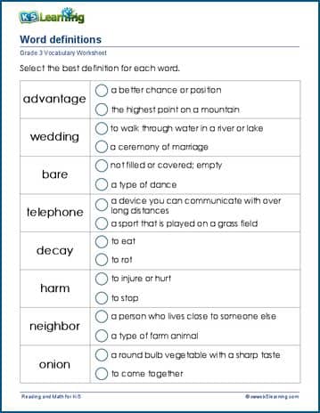 Grade 3 vocabulary worksheet applying meanings