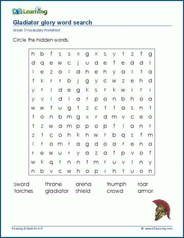 Grade 3 word search: Gladiator glory word search