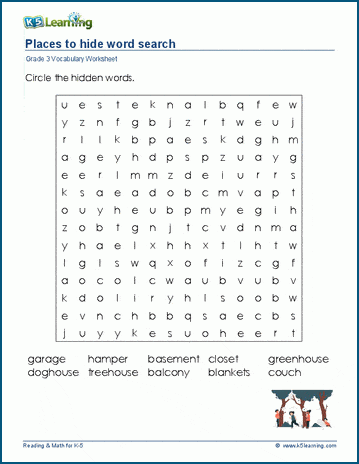 Grade 3 word search: Places to hide word search