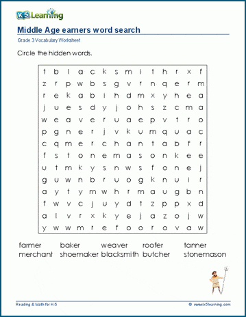 Grade 3 word search: Middle age earners word search