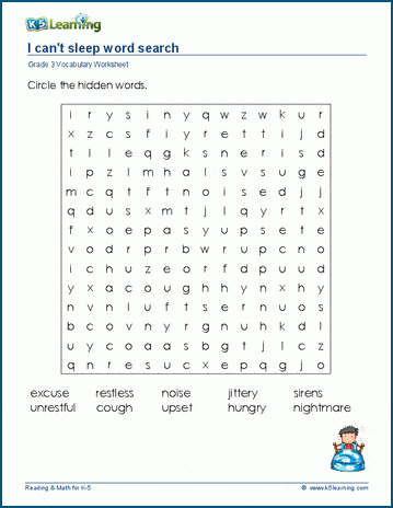 Grade 3 word search: I can't sleep word search