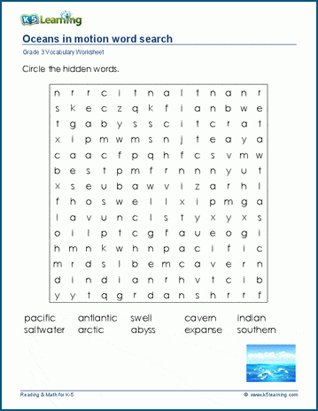 Grade 3 word search: Oceans in motion word search