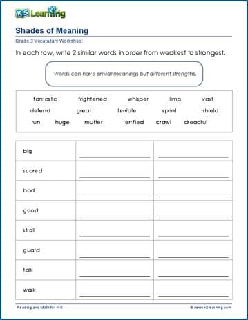 Grade 3 Vocabulary Worksheet shades of meaning