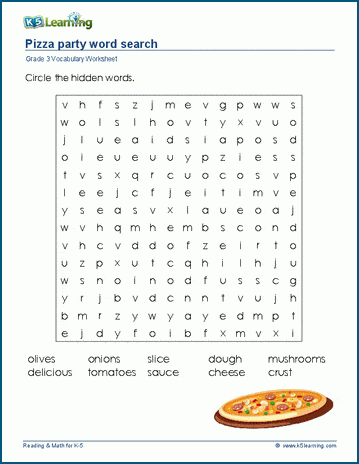 Grade 3 word search: Pizza party word search