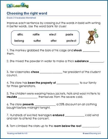 Grade 3 vocabulary worksheet replace words in sentences