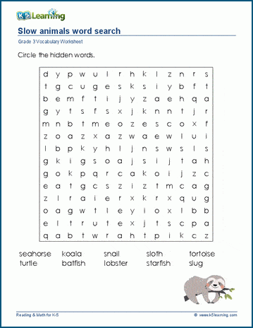 Grade 3 word search: Slow animals word search
