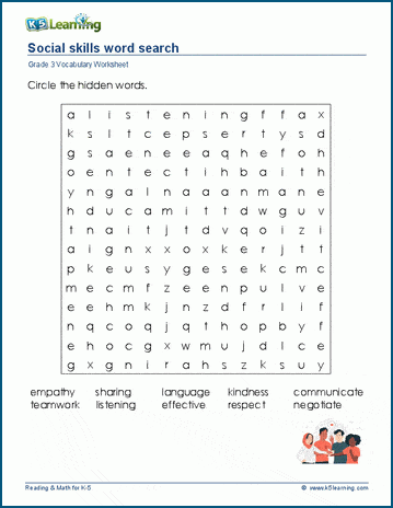 Grade 3 word search: Social skills word search