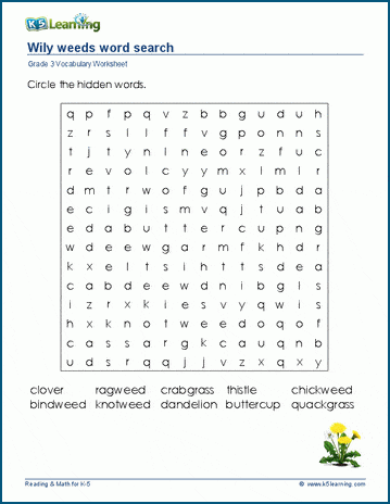 Grade 3 word search: Wily weeds word search