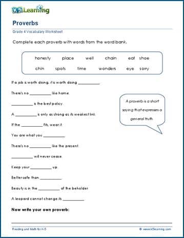 Grade 4 Vocabulary Worksheet complete the proverbs