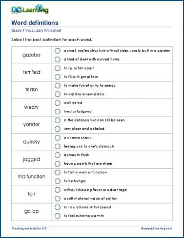 Sample grade 4 vocabulary worksheet