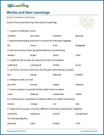 Grade 4 vocabulary worksheet - words and their meanings | K5 Learning
