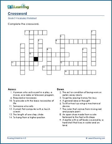 Grade 5 Vocabulary Worksheet crosswords