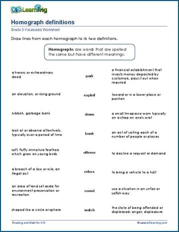 Grade 5 Vocabulary Worksheet homopgraph definitions