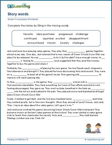 Grade 5 Vocabulary Worksheet complete the stories