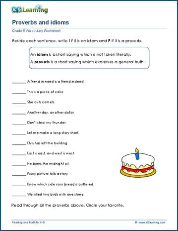 Grade 5 Vocabulary Worksheet proverb or idiom