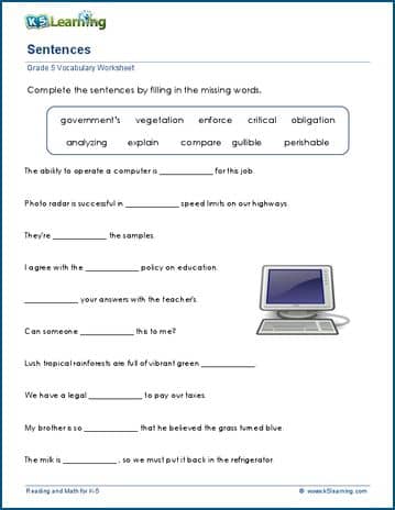 Grade 5 Vocabulary Worksheet complete sentences