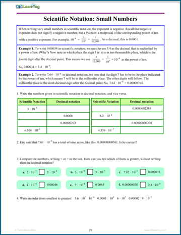 Sample page of exponents and scientific notation workbook