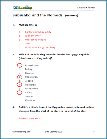 Grade 6 answer sheet for reading comprehension exercises