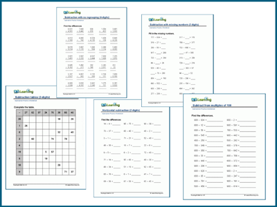 Multi-digit subtraction math drill worksheets