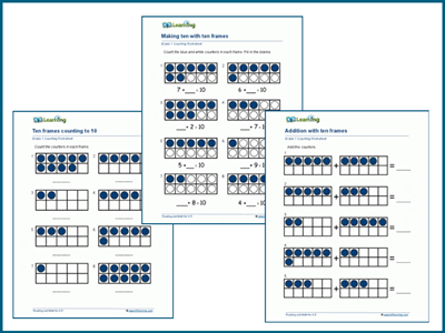 Ten frame worksheets for counting and adding