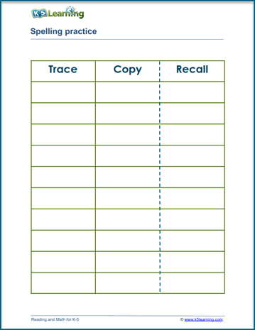Trace copy and recall template for spelling practice
