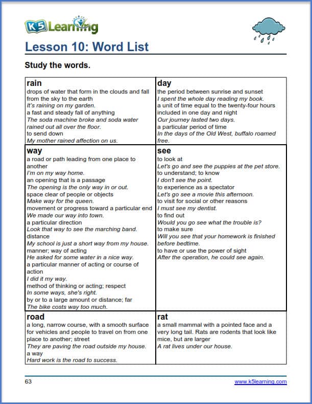 grade 1 vocabulary word list