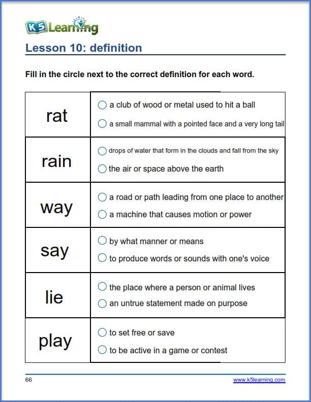 grade 1 vocabulary definitions